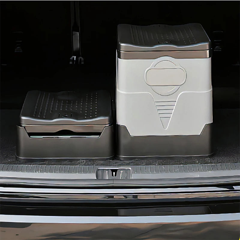 Way2Camp portable folding toilet in grey and black, set up inside a camper van for convenient outdoor bathroom use.