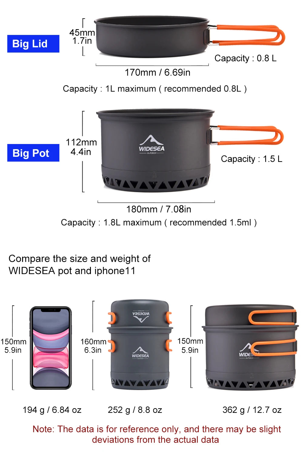 Widesea Camping 1.3L 2.3L Cookware Outdoor Cooking Set Heat Cooker Travel Tableware Pot Kettle Tourist Kitchen Utensil Equipment