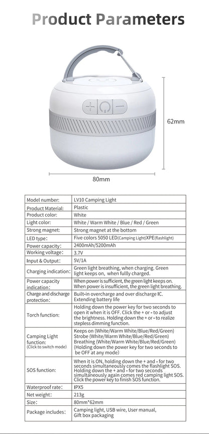 LV10 Rechargeable Camping Lantern 230 Hour Camping Flashlight with Magnet Lighting Fixture Tent Fishing Portable Emergency Light