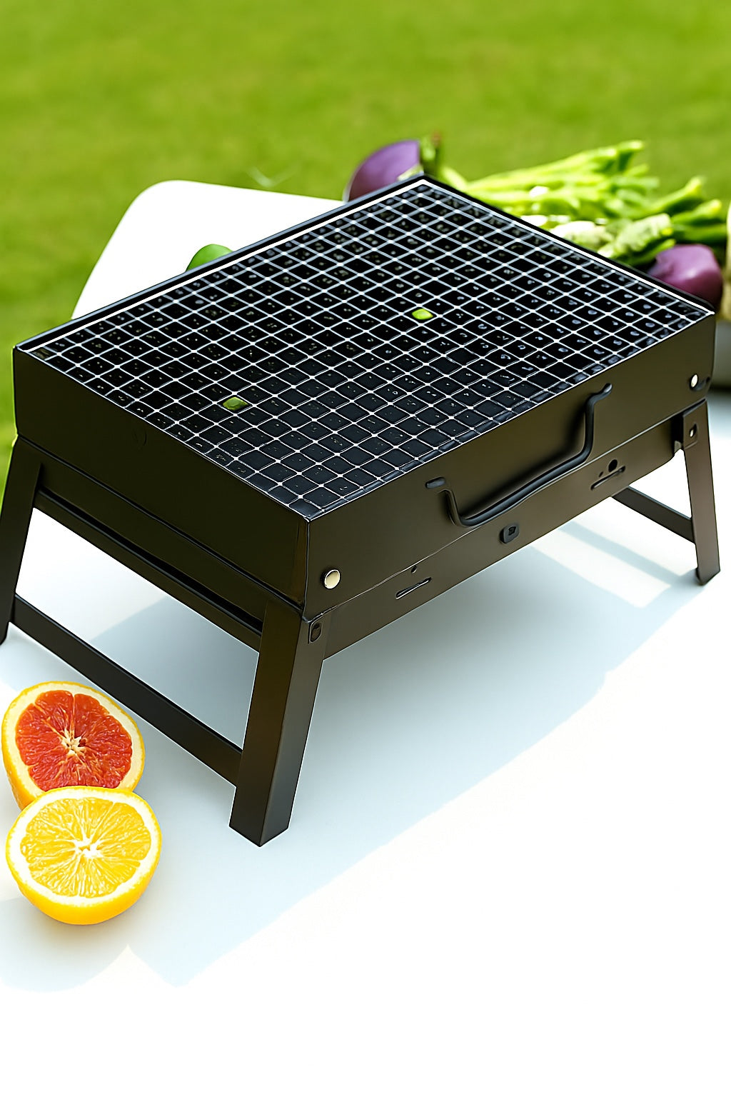 Portable charcoal BBQ grill for camping and outdoor cooking