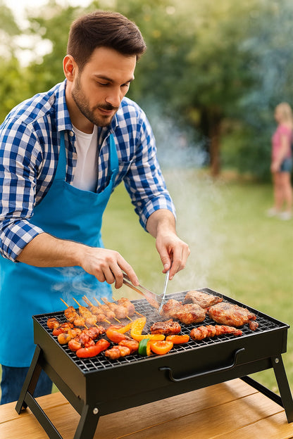 Portable charcoal BBQ grill for camping and outdoor cooking