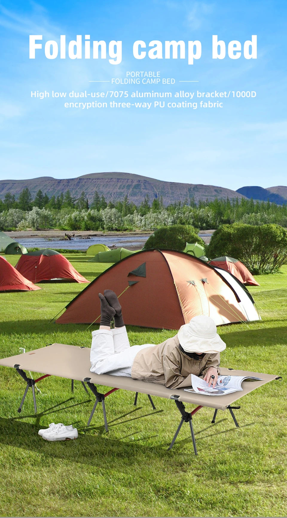 PACOONE Camping Cot  Folding Camping Bed Portable Outdoor Bed Comfortable Sleeping Cots for Adults & Kids Camping, Travel, RV