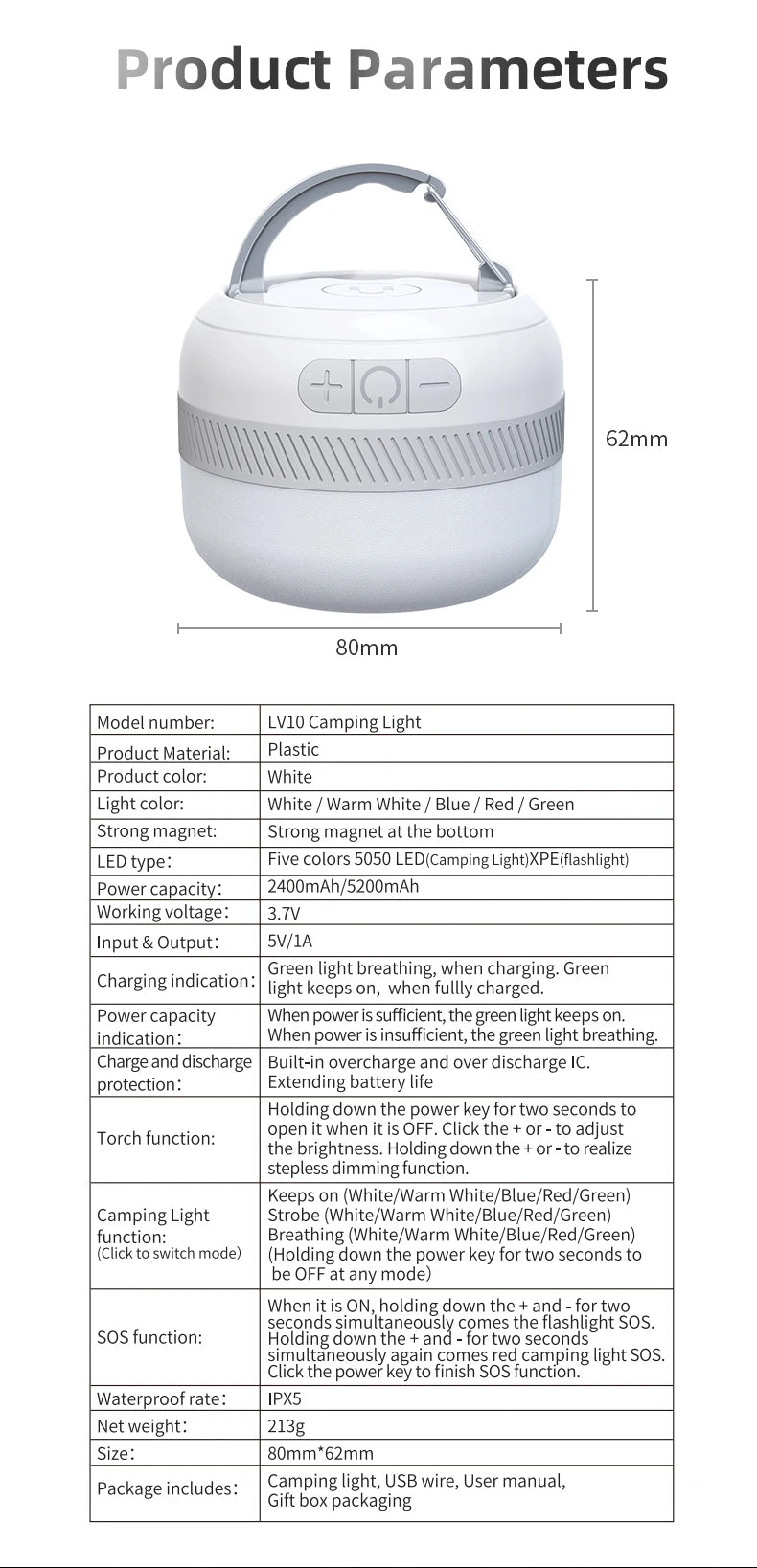 LV10 Rechargeable Camping Lantern 230 Hour Camping Flashlight with Magnet Lighting Fixture Tent Fishing Portable Emergency Light