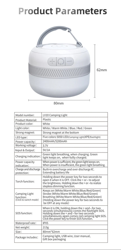 LV10 Rechargeable Camping Lantern 230 Hour Camping Flashlight with Magnet Lighting Fixture Tent Fishing Portable Emergency Light