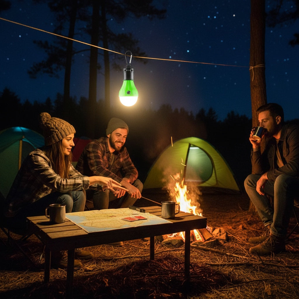 Way2Camp portable 3LED camping lantern hanging above a group of friends sitting around a campfire at night