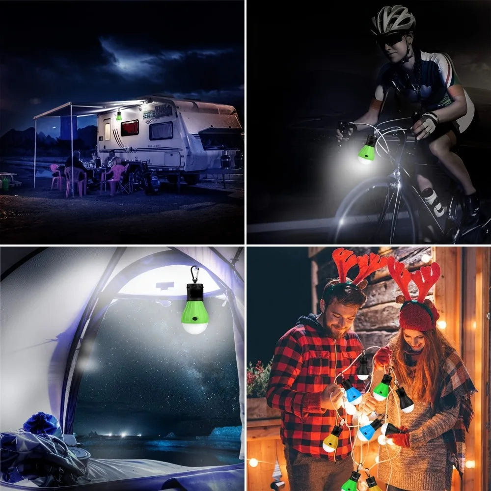 Way2Camp portable 3LED camping lantern hanging above a group of friends sitting around a campfire at night