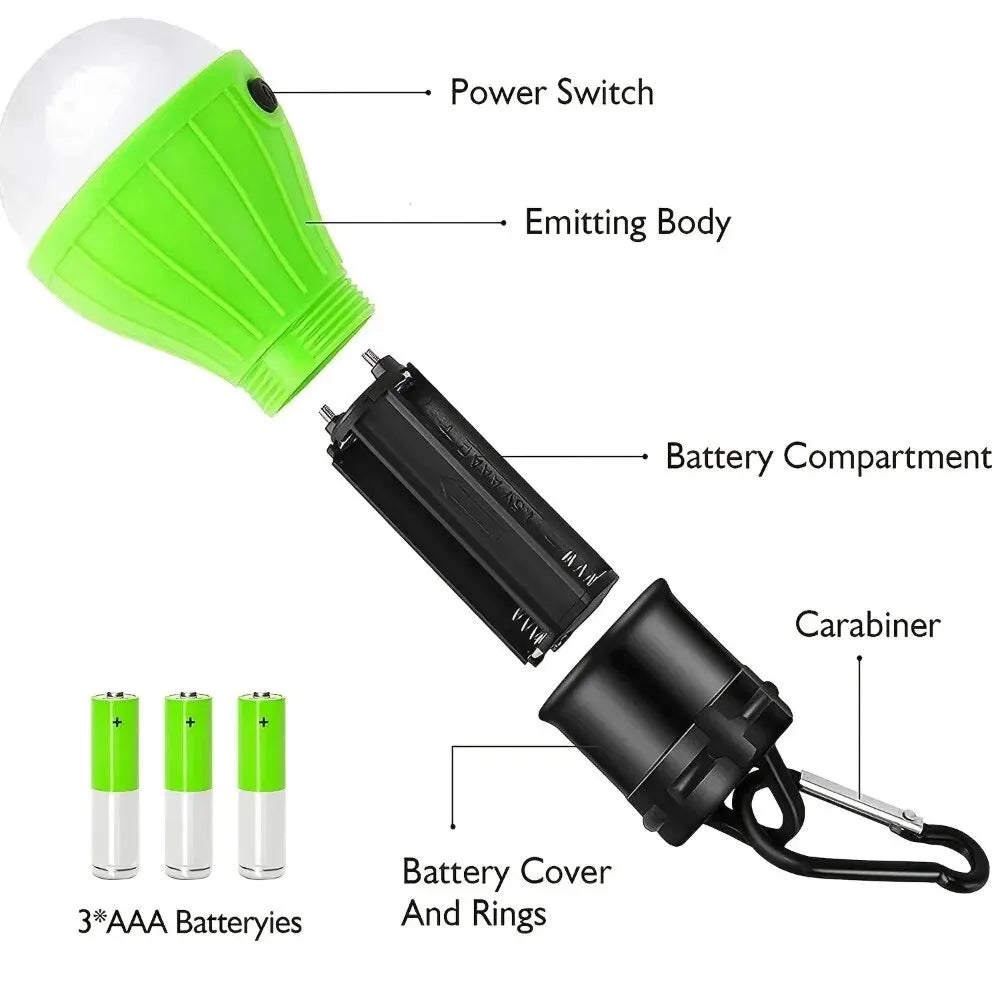 Way2Camp portable 3LED camping lantern hanging above a group of friends sitting around a campfire at night