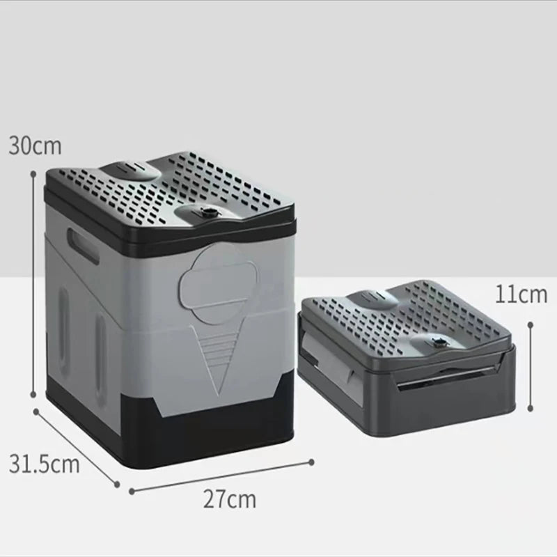 Way2Camp portable folding toilet in grey and black, set up inside a camper van for convenient outdoor bathroom use.