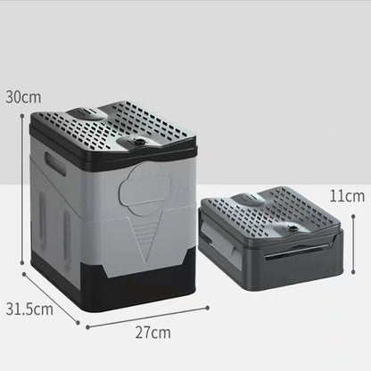 Way2Camp portable folding toilet in grey and black, set up inside a camper van for convenient outdoor bathroom use.