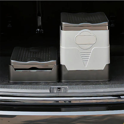 Way2Camp portable folding toilet in grey and black, set up inside a camper van for convenient outdoor bathroom use.
