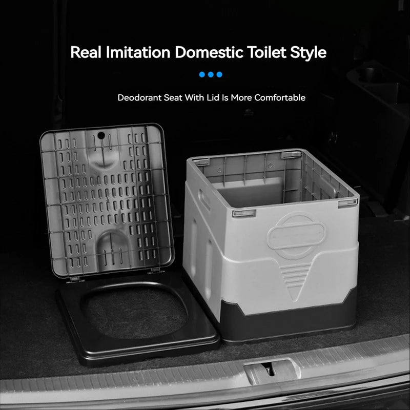 Way2Camp portable folding toilet in grey and black, set up inside a camper van for convenient outdoor bathroom use.