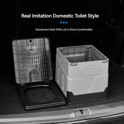 Way2Camp portable folding toilet in grey and black, set up inside a camper van for convenient outdoor bathroom use.