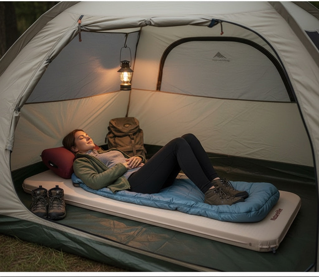 Woman resting on a Way2Camp Naturehike 6cm self-inflating camping mattress inside a tent with a lantern.
