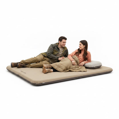 Way2Camp Naturehike self-inflating khaki camping mattress with a couple resting comfortably on it