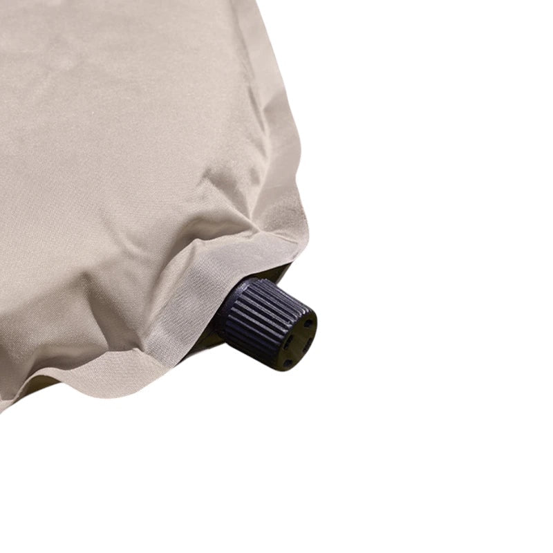 Way2Camp Naturehike self-inflating khaki camping mattress valve detail showing automatic inflation mechanism