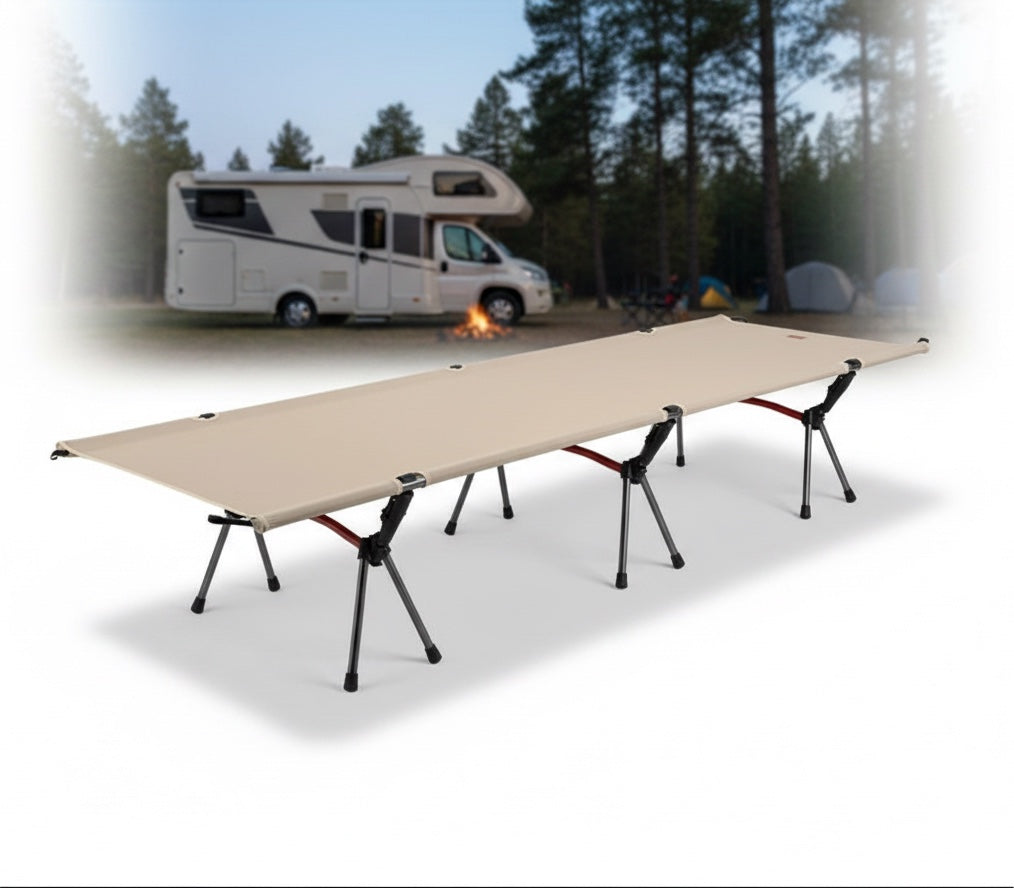 Way2Camp portable khaki camping cot with a durable aluminum frame set up in a scenic outdoor campsite
